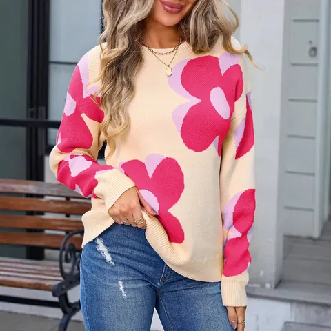 Women Round Neck Floral Jacquard Sweater Loose Fit Long Sleeve Knit Pullover Retro Flower Pattern Casual Streetwear Top