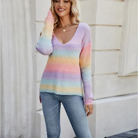 Women V Neck Tie Dye Gradient Knit Sweater Pullover Irregular Hem Long Sleeve Casual Loose Knitwear Top