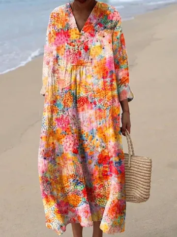 Women Elegant V-Neck Long Sleeve Maxi Dress Loose Bohemian Beach Vacation A-Line Polyester Printed Long Dress
