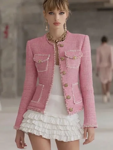 Dames Elegant Single Breasted Slim Fit Roze Blazer Top Polyester Jas Kantoor Lady Vintage Stijl Tweed Design Bovenkleding