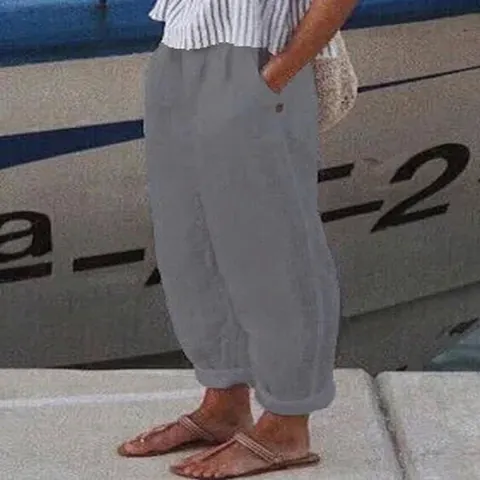 Pantalones Casuales de Mujer Color Sólido Bolsillos Cintura Elástica Pierna Recta Holgada Pantalones de Poliéster Playa