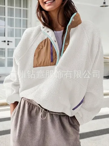 Sudadera de Felpa para Mujer Poliéster Bloques de Color Cuello Alto Ajuste Holgado Top de Invierno Con Bolsillo con Cremallera Casual Streetwear