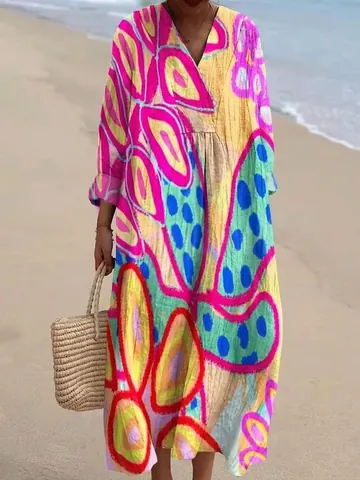 Women Elegant V-Neck Long Sleeve Maxi Dress Loose Bohemian Beach Vacation A-Line Polyester Printed Long Dress
