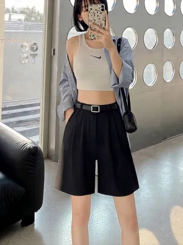 Women's Casual High Waisted Shorts Summer Loose Wide Leg Shorts With Belt Solid Color Polyester Bottoms Fashion Shorts