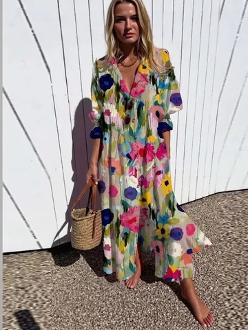 Women's Elegant Lapel Long Sleeve Maxi Dress Bohemian Floral Printed Pleated Shirt Dress Vacation Party A-Line Long Robe