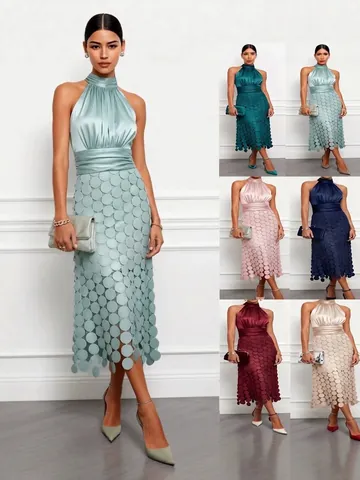 Elegant Women Satin Halter Neck Sleeveless Maxi Dress Patchwork Pleated Waist Laser Cut Circular Overlay Party Evening Gown