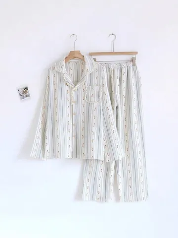 Women Cotton Gauze Pajama Set Floral Striped Long Sleeve Button Down Top And Pants Pastoral Style Breathable Sleepwear Lounge Set