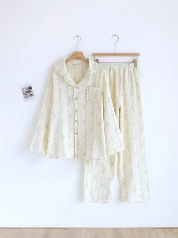 Women Cotton Gauze Pajama Set Floral Striped Long Sleeve Button Down Top And Pants Pastoral Style Breathable Sleepwear Lounge Set