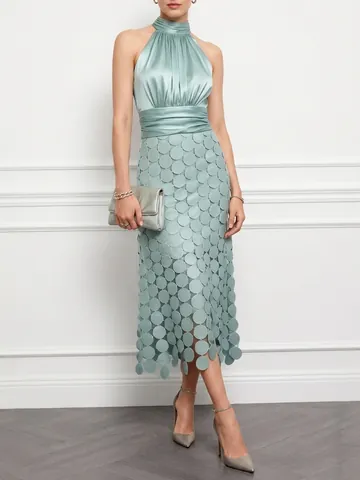 Elegant Women Satin Halter Neck Sleeveless Maxi Dress Patchwork Pleated Waist Laser Cut Circular Overlay Party Evening Gown