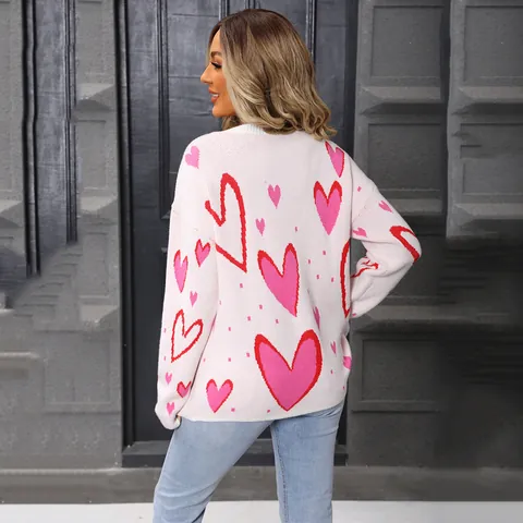 Women Heart Print Sweater Crew Neck Loose Pullover Long Sleeve Core Spun Yarn Jacquard Knit Jumper Streetwear Fashion Top