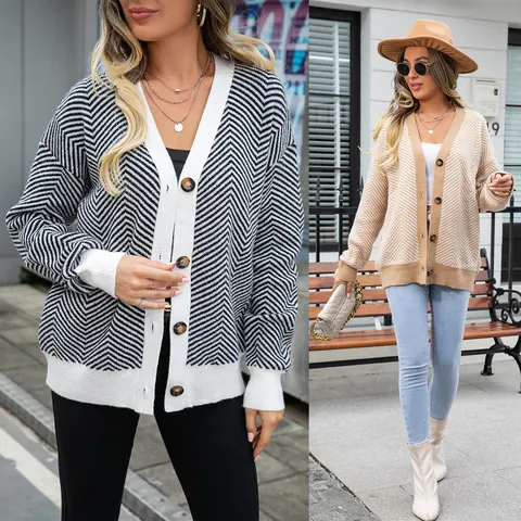 Women V-Neck Knit Cardigan Sweater Chevron Color Block Button Up Long Sleeve Loose Patchwork Streetwear Knitting Outerwear Top