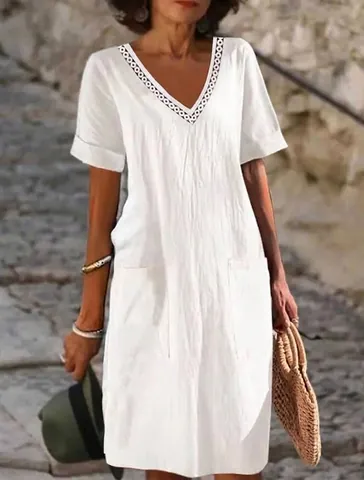 Women's Casual Polyester V-neck Short Sleeve Midi Dress With Patch Pockets Solid Color Summer Loose Straight Dress