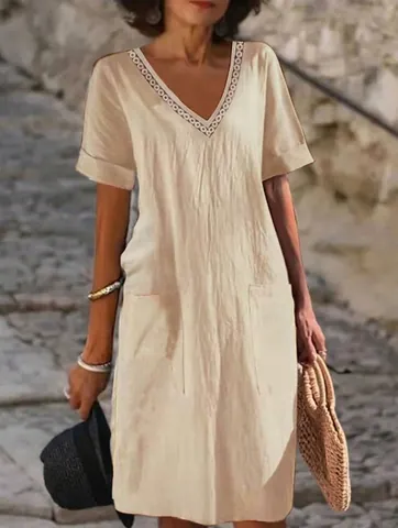 Women's Casual Polyester V-neck Short Sleeve Midi Dress With Patch Pockets Solid Color Summer Loose Straight Dress