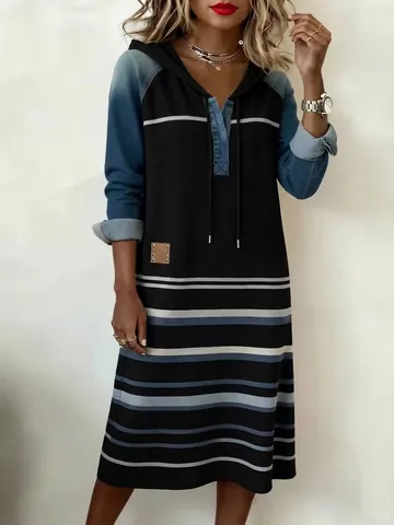 Women Patchwork Denim Hooded Midi Dress Striped Contrast Color Casual Long Sleeve Drawstring Straight Long Skirt Streetwear