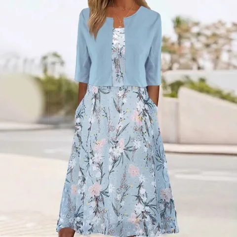 Women's Elegant Floral Print Two-Piece Dress Set Slim Fit V-Neck Maxi Dress With Short Sleeve Cardigan Shrug Outfit