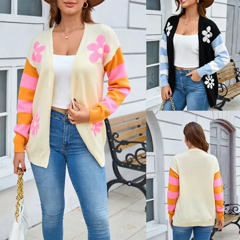 Women Floral Pattern Knit Cardigan Loose Color Block Striped Long Sleeve Sweater V-Neck Mid-Length Autumn Winter Outerwear Top
