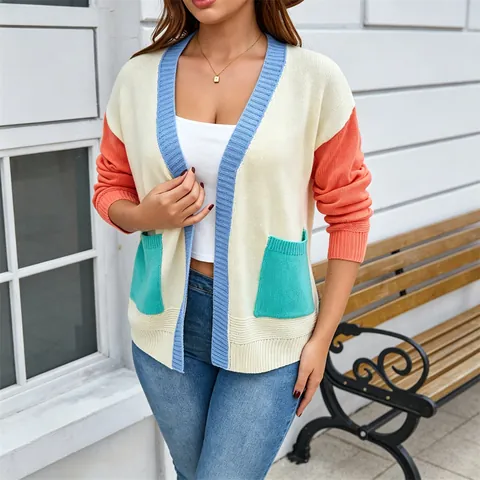 Women Vintage Artistic Color-Block Knit Cardigan Oversized Casual Long Sleeve Sweater Coat With Pockets Autumn Winter Top