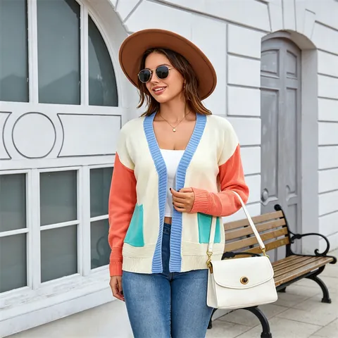 Women Vintage Artistic Color-Block Knit Cardigan Oversized Casual Long Sleeve Sweater Coat With Pockets Autumn Winter Top