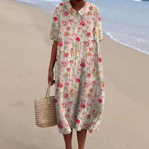 Robe Longue pour Femme Col Claudine Imprimé Floral Décontractée Ample Manches Courtes Coupe en A Polyester Robe de Vacances Plage