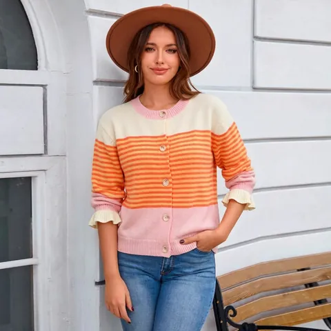 Cárdigan de Punto a Rayas de Colores para Mujer Cuello Redondo Botonadura Sencilla Ajuste Holgado Manga Larga Top Ropa de Abrigo Otoño Invierno