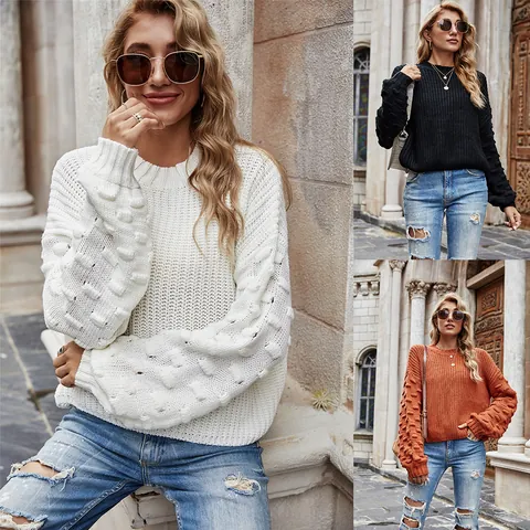 Women's Cropped Bobble Knit Sweater Lantern Sleeve Crew Neck Solid Color Western Style Pullover Knitwear Top