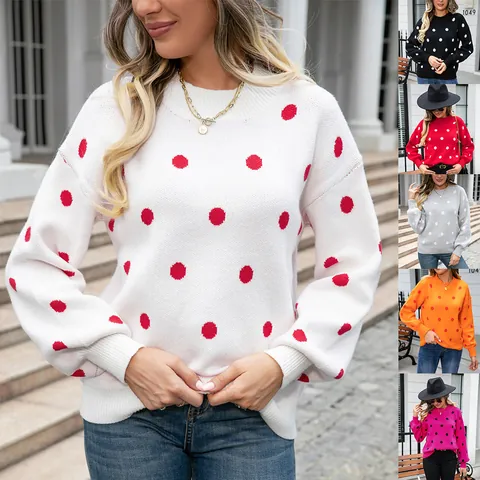 Women Polka Dot Knit Sweater Pullover Crew Neck Long Sleeve Loose Fit Casual Retro Jumper Knitwear For Everyday Fashion