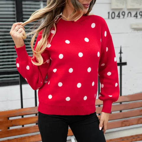 Women Polka Dot Knit Sweater Pullover Crew Neck Long Sleeve Loose Fit Casual Retro Jumper Knitwear For Everyday Fashion
