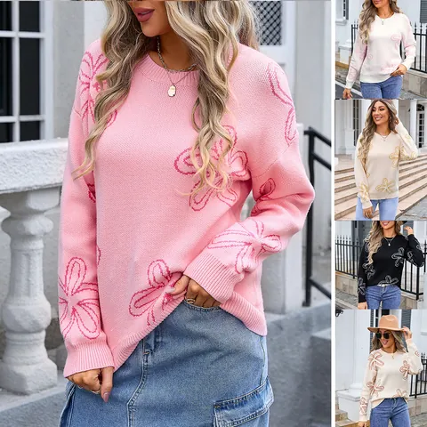 Women Floral Jacquard Round Neck Long Sleeve Knit Sweater Plus Size Loose Pullover Top