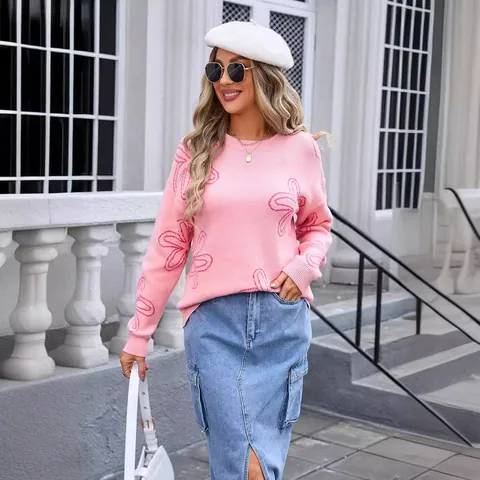 Women Floral Jacquard Round Neck Long Sleeve Knit Sweater Plus Size Loose Pullover Top