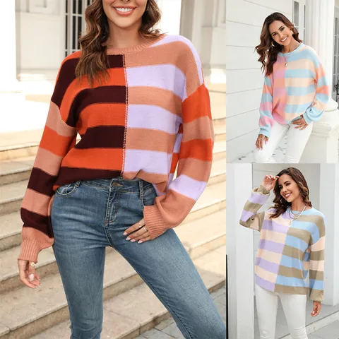 Women Acrylic Patchwork Striped Contrast Color Round Neck Knitwear Pullover Casual Street Style Long Sleeve Sweater Top