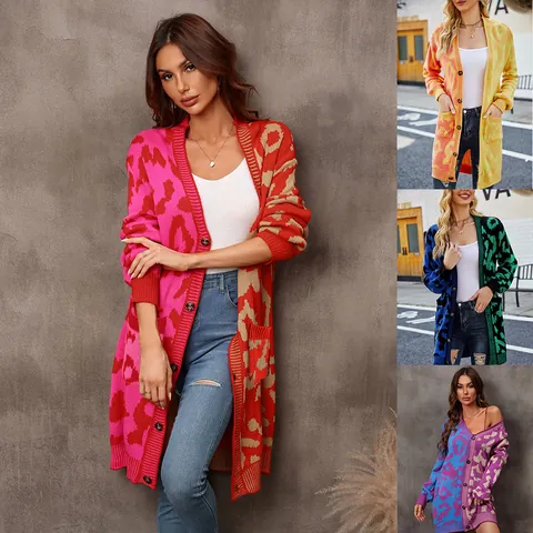 Women Mid-length Knit Cardigan Sweater Leopard Patchwork Long Sleeve V-Neck Open Front Acrylic Outwear Top With Pockets