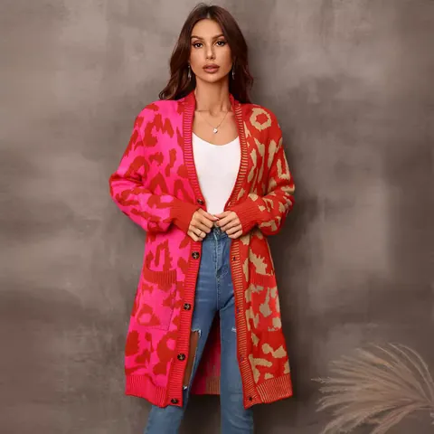 Women Mid-length Knit Cardigan Sweater Leopard Patchwork Long Sleeve V-Neck Open Front Acrylic Outwear Top With Pockets