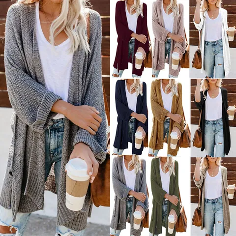 Women's Oversized Mid-Length Acrylic Knitted Cardigan Sweater Solid Color Open Front Loose Fit Casual Spring Knitwear