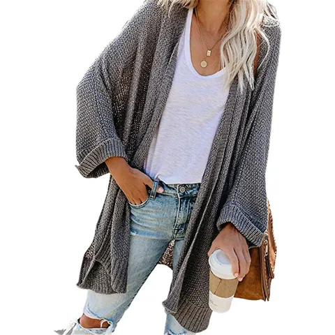Women's Oversized Mid-Length Acrylic Knitted Cardigan Sweater Solid Color Open Front Loose Fit Casual Spring Knitwear