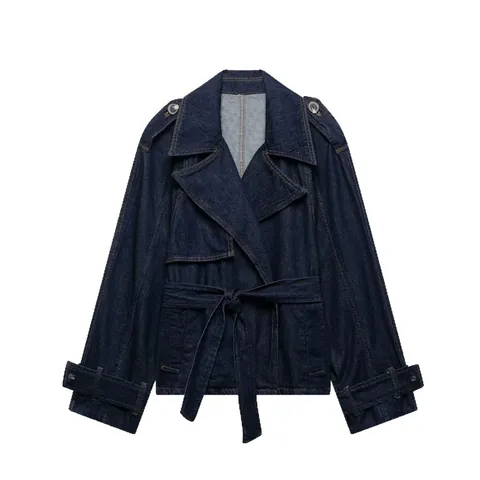 Damen Mode Kurz Denim Windbreaker Jacke Oversize Gürtel Langarm Revers Mantel Outerwear Streetwear Lässig Herbst Top