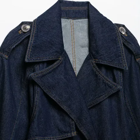 Damen Mode Kurz Denim Windbreaker Jacke Oversize Gürtel Langarm Revers Mantel Outerwear Streetwear Lässig Herbst Top