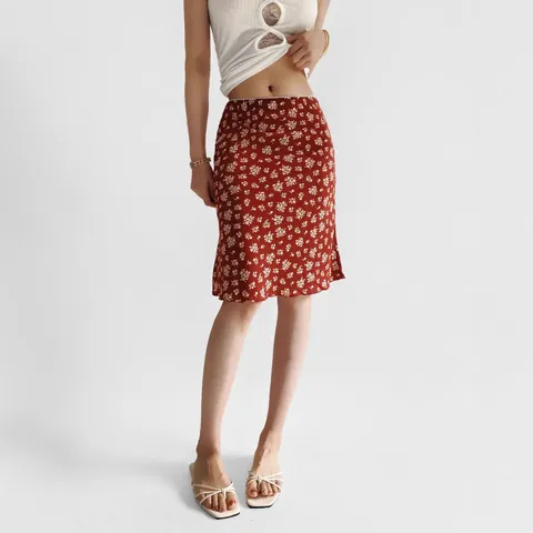 Jupe Midi Rétro de Style Coréen pour Femmes Taille Haute Slim Imprimé Floral Plaid Texture Satinée Bodycon Volants Été