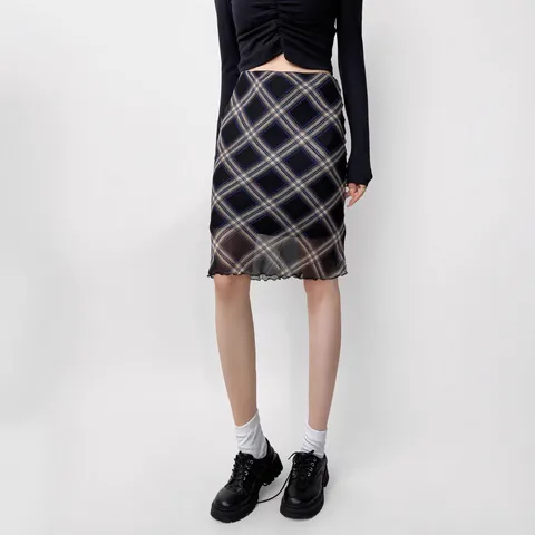 Jupe Midi Rétro de Style Coréen pour Femmes Taille Haute Slim Imprimé Floral Plaid Texture Satinée Bodycon Volants Été