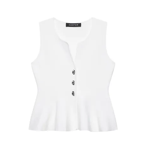 Damen Ärmellos Strickweste Einfarbig Peplum Taille Metallknopf V Ausschnitt Slim Fit Nische Designer Stil Weiß Strickwaren Top