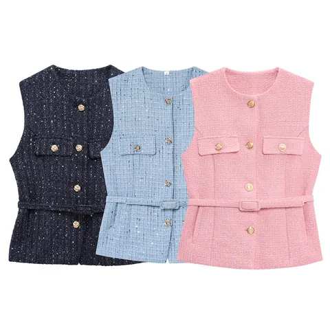 Gilet Élégant en Tweed pour Femmes Haut Avec Ceinture Fil Métallisé Col Rond Sans Manches Gilet Mode Décontractée Bureau