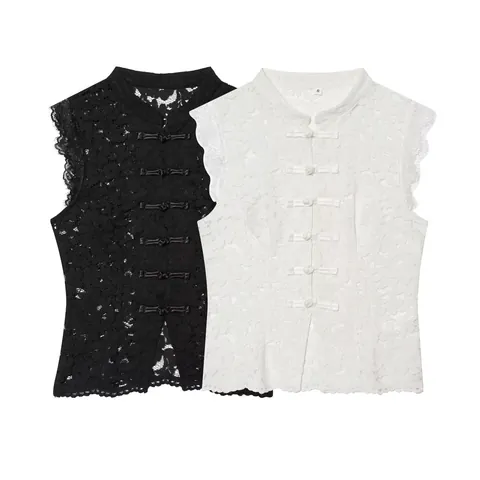 Top in Pizzo Senza Maniche da Donna Nuovo Stile Cinese Collo Alto Bottone a Rana Ricamo Floreale Traforato Gilet Aderente