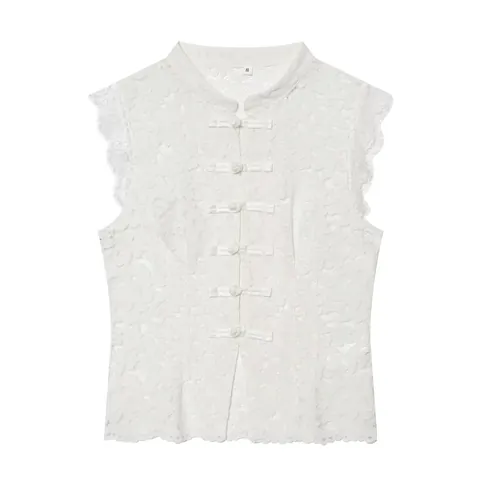 Damen Vintage Spitze Stehkragen Ärmelloses Top Mit Chinesischen Froschknöpfen Hohl Schlanke Passform Floral Polyester Weste Top