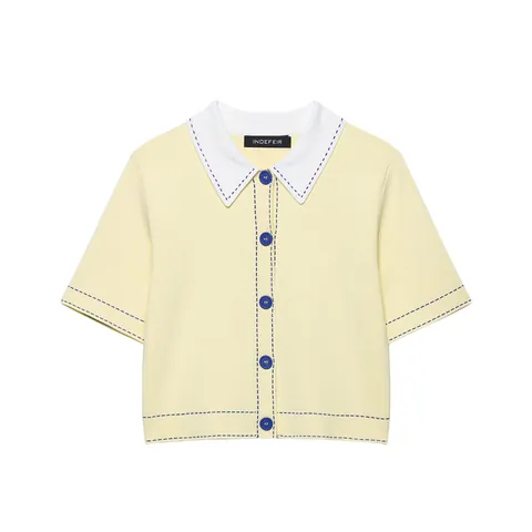 Women Short Sleeve Knitwear Contrast Collar Pullover Loose Retro Style Contrast Stitching Knit Top For Autumn Elegant Daily Wear
