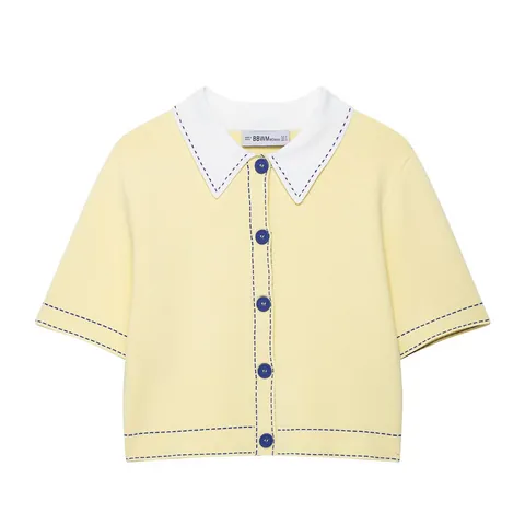 Women Casual Contrast Stitching Knit POLO Shirt Short Sleeve Button Down Cardigan Top With White Collar Patchwork Outerwear