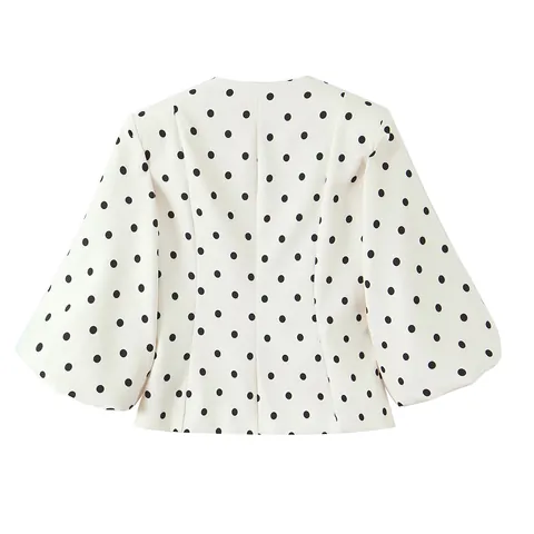 French Retro Polka Dot Slim Blazer Jacket For Women Elegant Lantern Sleeve Decorative Golden Button Short Blazer Coat
