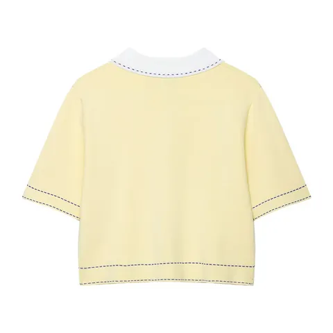 Women Casual Contrast Stitching Knit POLO Shirt Short Sleeve Button Down Cardigan Top With White Collar Patchwork Outerwear