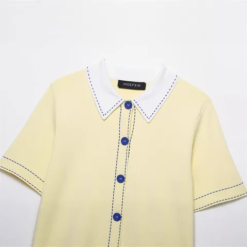 Women Short Sleeve Knitwear Contrast Collar Pullover Loose Retro Style Contrast Stitching Knit Top For Autumn Elegant Daily Wear