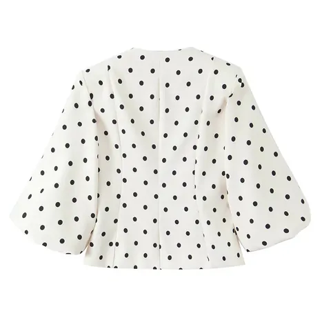 Veste Blazer Slim à Pois Rétro Français pour Femme Élégante Manche Lanterne Bouton Doré Décoratif Manteau Court Blazer