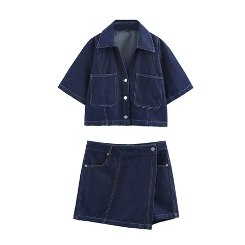 Γυναικείο Western Style Σετ Τζιν Πουκάμισο Και Skort Casual Χαλαρό Κοντομάνικο Top Και Bottom Καλοκαιρινή Μόδα Patchwork Ένδυση