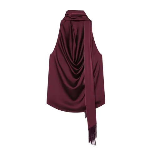Top da Donna Sexy Scollo all'Americana in Satin di Poliestere Rosso Vino Senza Maniche con Scollo a Sciarpa e Nappe per Festa